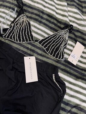 Hot & Delicious Black Rhinestone Embellished Triangle Bralette Set